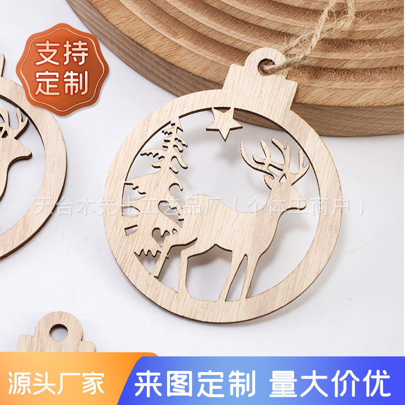 Modern Simple Christmas Pendant Wooden Elk Hanging DIY Holiday Decoration Round Wooden Plate Small Pendant