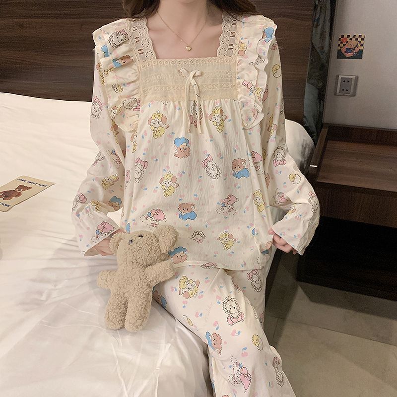 Al por mayor transfronterizo de otoño pantalones de mangas largas pijamas de mujer ropa de hogar de color sólido de dibujos animados encaje cojín de pecho princesa viento