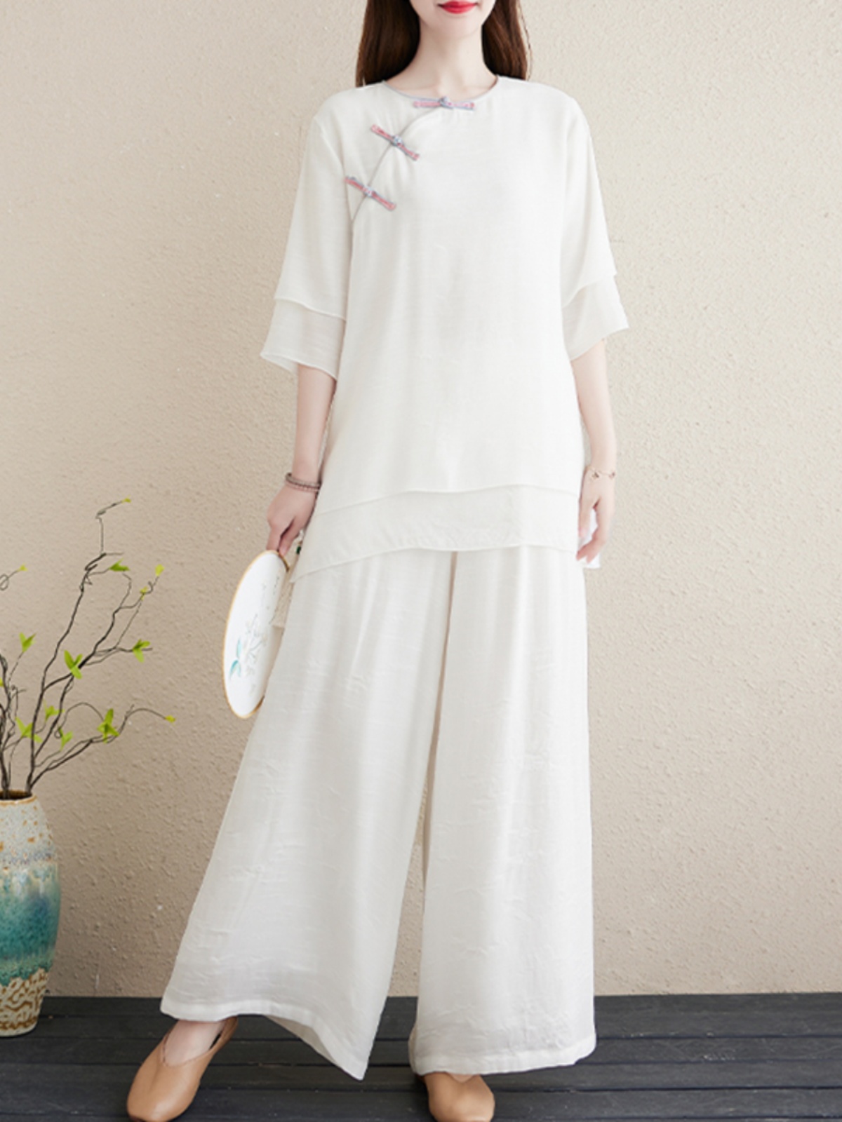 民国风棉麻瑜伽服禅修服套装女夏季复古斜襟盘扣禅意居士服两件套