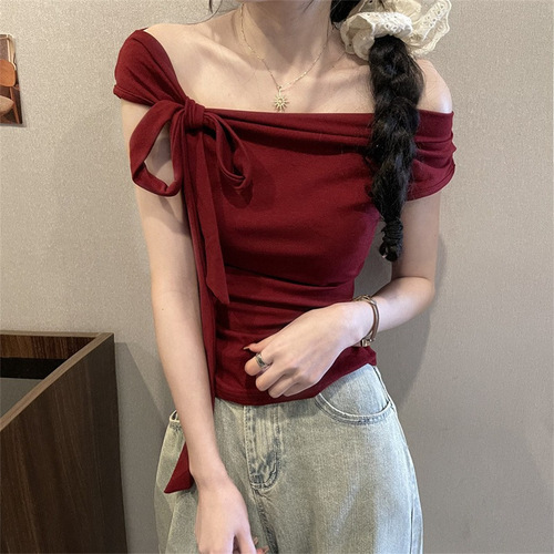 ins sexy hot girl one-shoulder strapless short t-shirt women's summer new style tie-up slimming short pure desire top women 