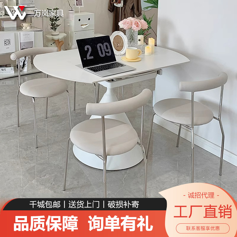 Cream Style Pure White Slate Dining Table and Chairs Rotating Telescopic Folding Waltz Square Round Dual-Purpose Dining Table