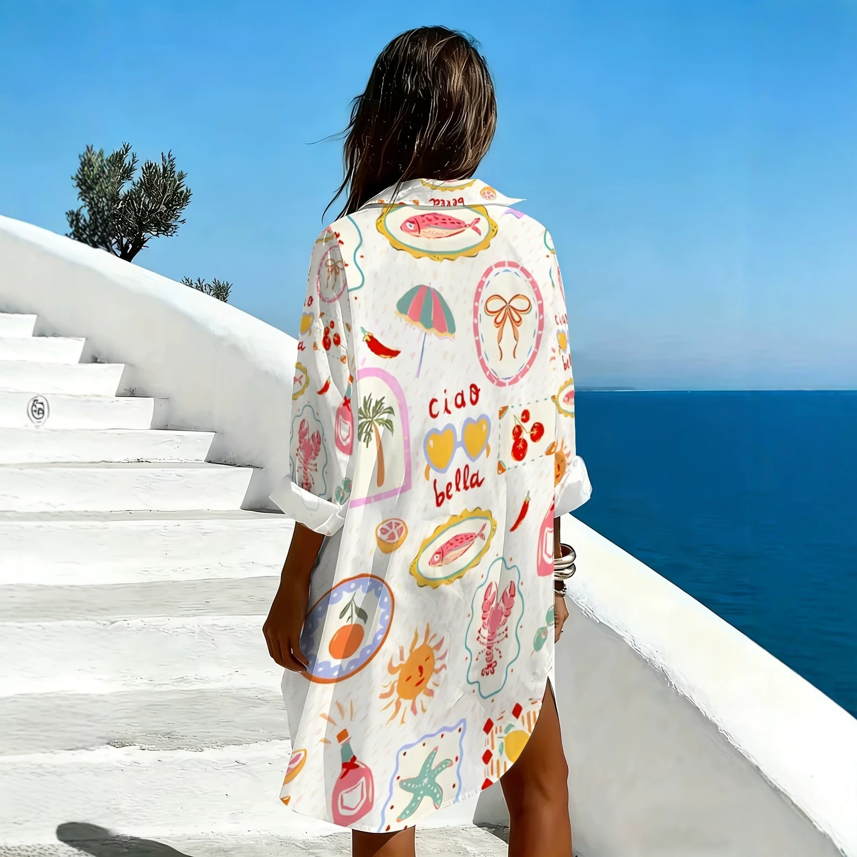 Women's Clothing Women's Resort Style Printed Shirt Loose Long Sleeve Lapel Button Down Casual Beachwear Dress_ecoleips.com