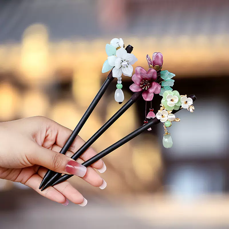 国风复古黑檀木花朵发簪女气质木步摇新中式钗子盘发簪子发饰批发