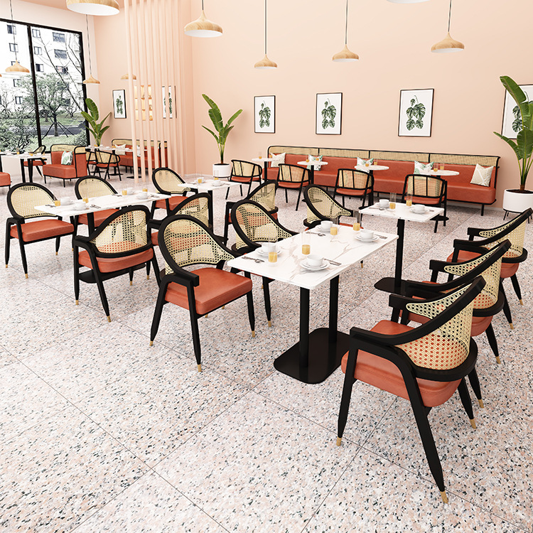 Café contra la pared sofá de hierro forjado mesas y sillas combinaciones de mesa de mármol restaurante sillas de vidano personalizadas