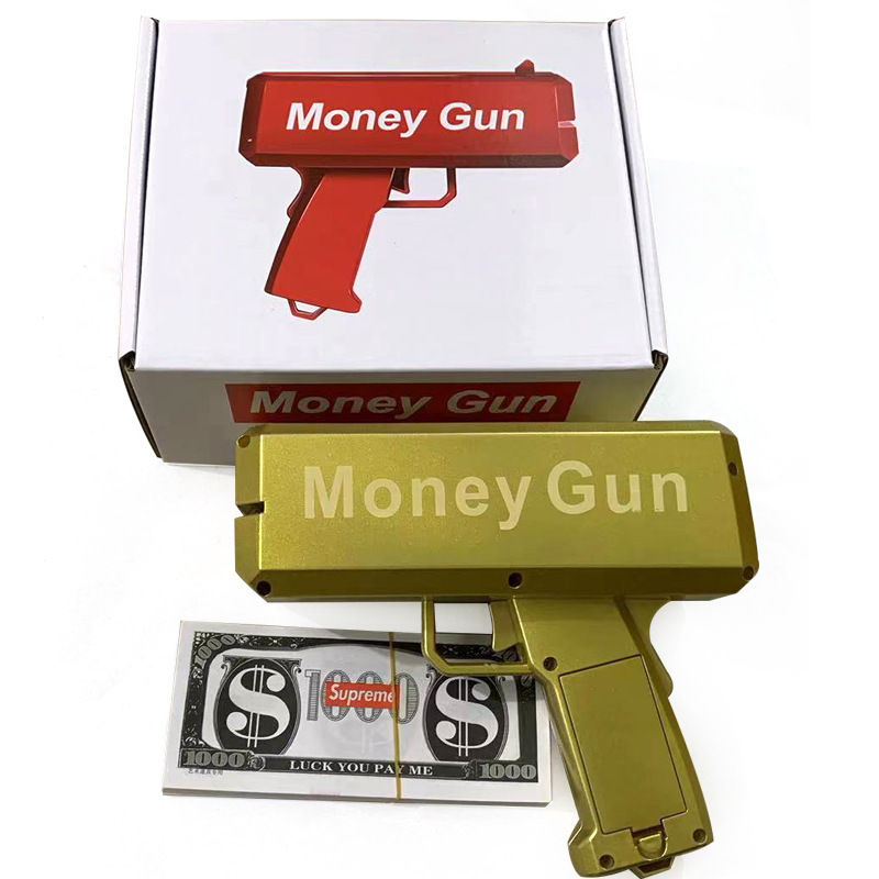 Venta de oro caliente MoneyGun pistolas de pulverización de dinero, pistolas de pulverización de dinero, juguetes, pistolas de billetes, pistolas de juguete