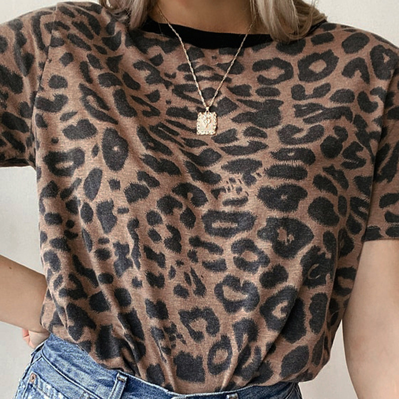 Leopard Print Round Neck Loose Short Sleeve Top NSGE35788