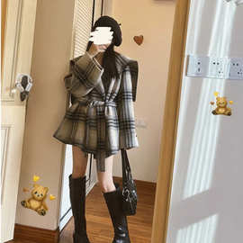 现货海军领双面羊绒大衣女秋冬感复古宽松慵懒风格子毛呢外套