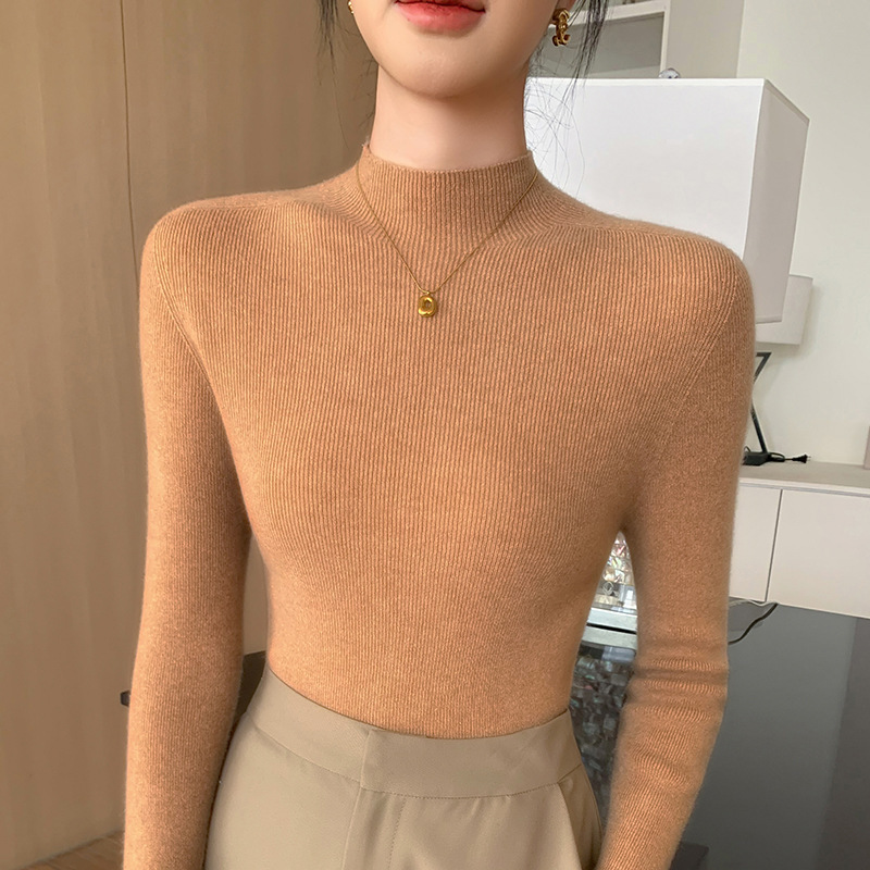 2025 New Korean Style Women's Knit Pullover Sweater, Slim-Fit Long-Sleeve Half-High Collar Base Layer Top