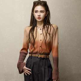 秋季新款长袖领针织衫女新款百搭修身渐变短款上衣针织开衫