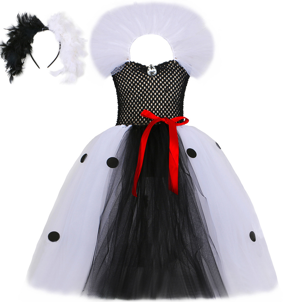 Ropa para niños Ropa para niñas 101 perro fiel Cruella Vestido para niños Vestido Cruella Perro manchado Falda de tul de malla_voghion.com