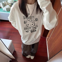 白色纯棉长袖t恤女上衣2026新款可爱KT猫印花宽松圆领打底衫潮