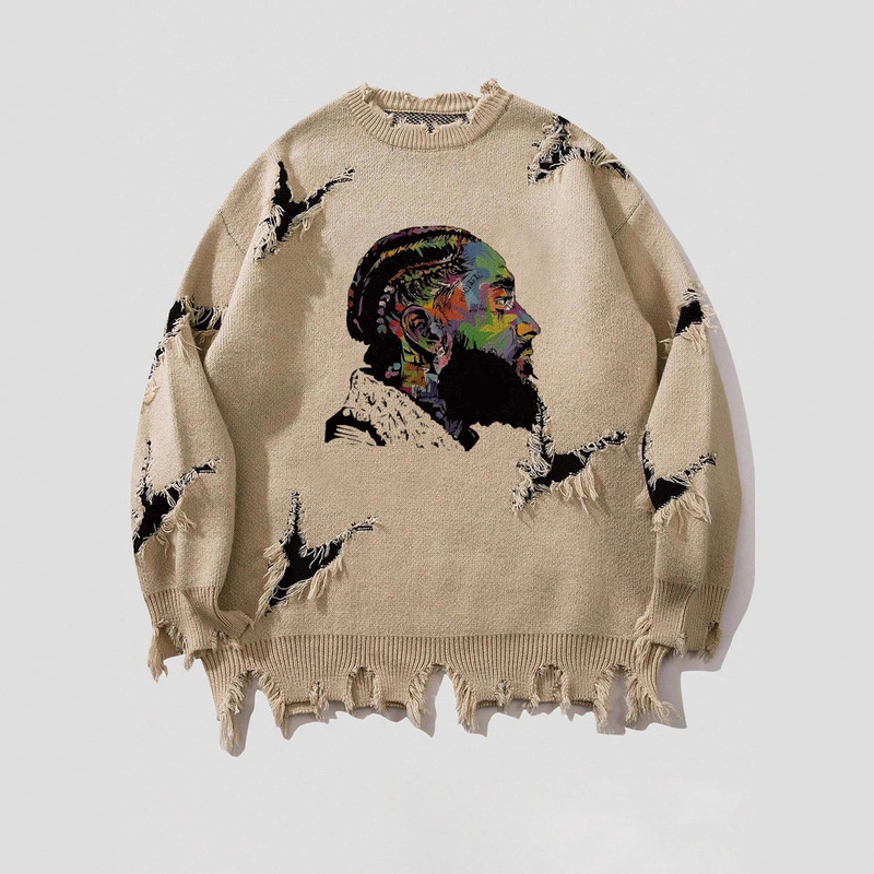 Cross-Border European and American Amazon Trendy Brand Ripped Knitwear Long-Sleeved Men's Autumn and Winter American Retro Knitwear 64009 Cross-Border European and American Amazon Trendy Brand Ripped Knitwear Long-Sleeved Men's Autumn and Winter American Retro Knitwear 64009