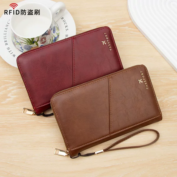 2025 Cross-Border New Rfid Multifunctional Travel Zipper Passport Bag Ticket Storage Document Bag Long Passport Holder