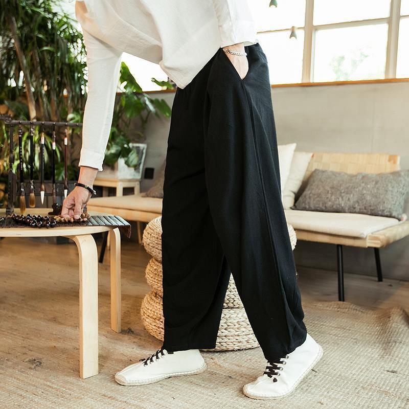 Men's Spring Casual Pants, Summer Cotton Linen Men's Clothing, Trendy Fat Men's Loose Wide Leg Pants, Summer Linen Pants