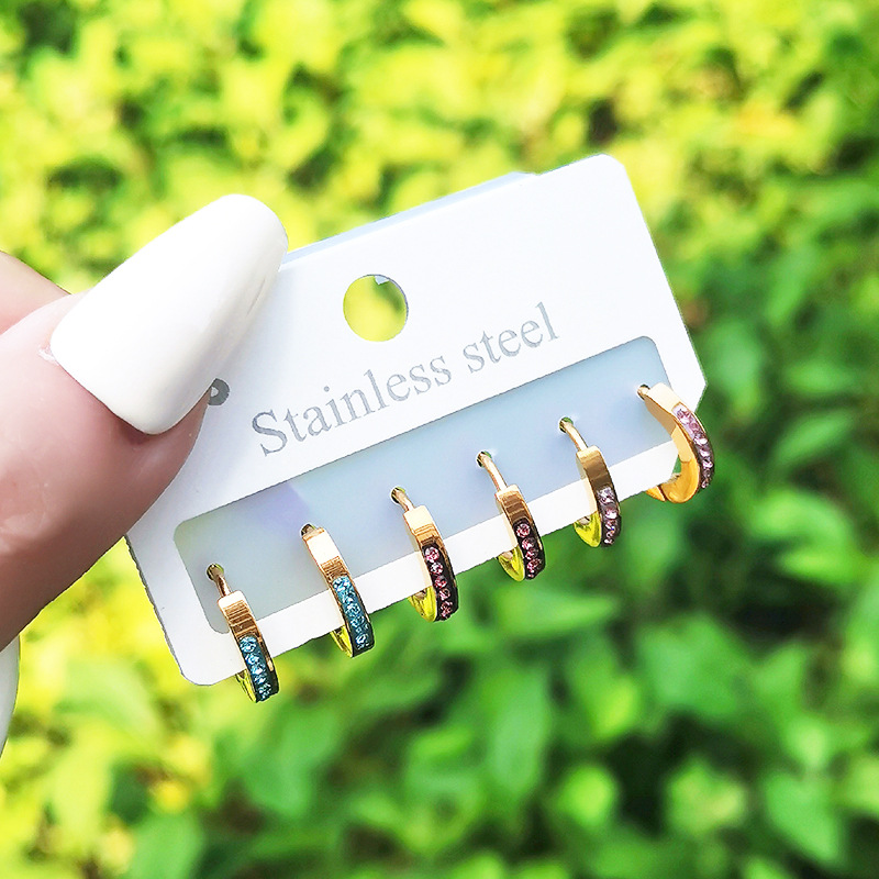 Fashion Round Titanium Steel Inlay Rhinestones Hoop Earrings 3 Pairs