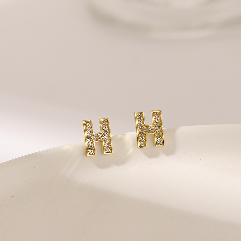S925银针韩国满钻H字母ins小众设计新款潮个性时尚网红耳钉耳饰