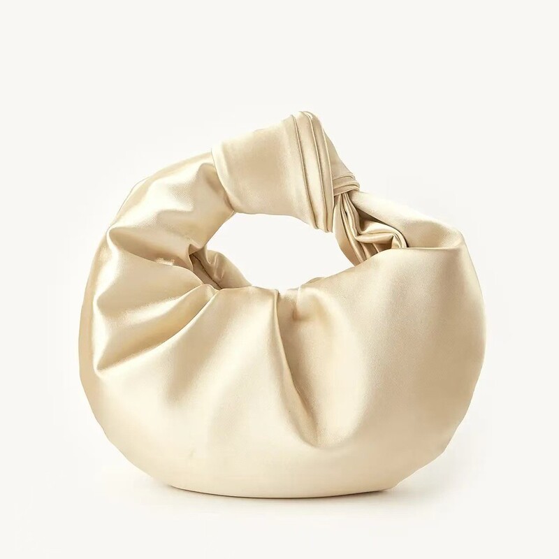 Trendy French Design Pleated Satin Cloud Bag Knot Hand-held Wedding Evening Bag for Women