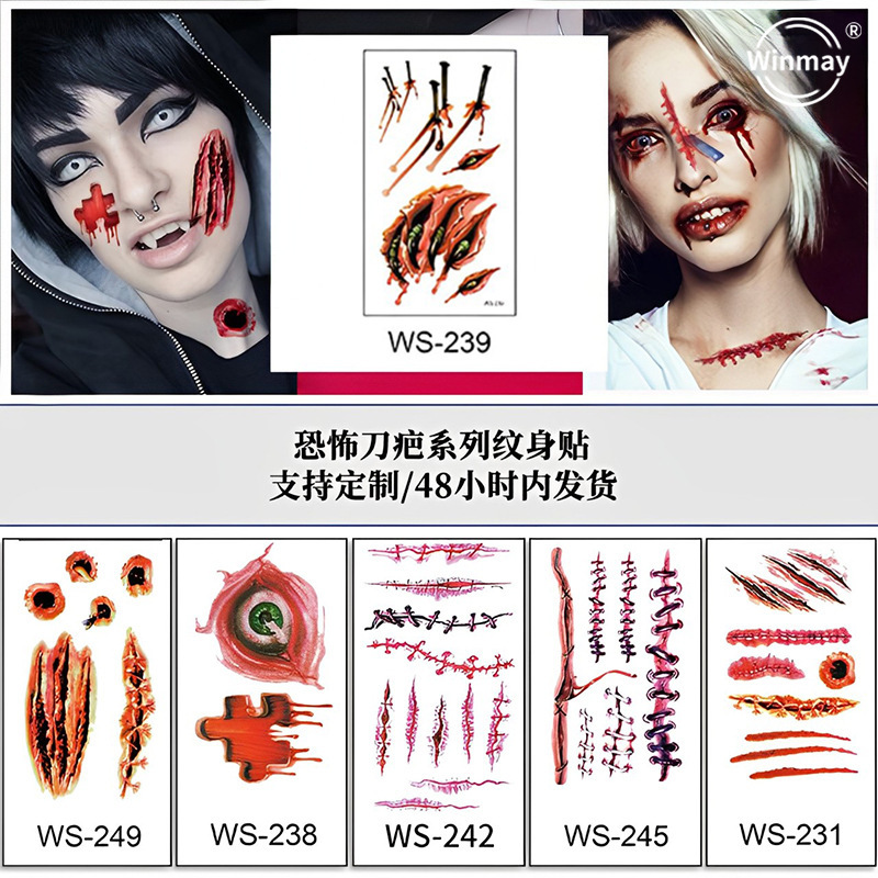 New Adult Halloween Tattoo Sticker Simulation Bloody Scar Sticker Realistic Horror Temporary Tattoo Sticker