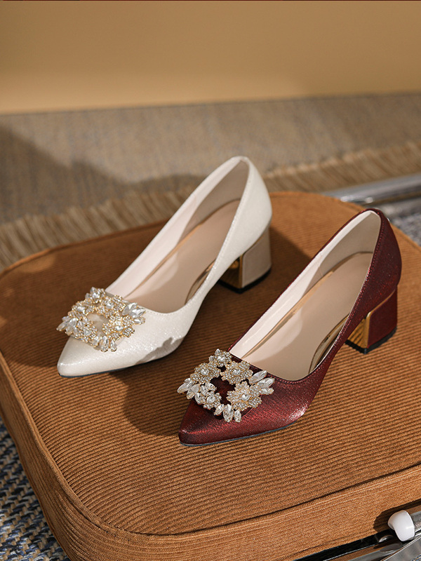 Wedding Shoes with Pointed Toe, Chunky High Heels, Autumn Square Buckle, Suitable for Mother-In-Law, Wedding Banquet, Mother's Shoes, Bridal Single Shoes, 2026 New Model