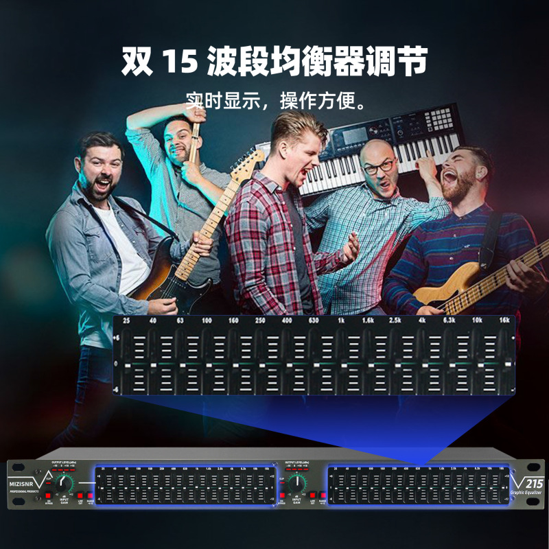 プロフェッショナルデュアル15バンドイコライザーホームミーティングパフォーマンスバー高音、中音、低音EQチューナーノイズリダクションデジタルイコライザー|undefined