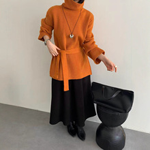 2025秋冬新款高领带腰带针织打底衫韩系简约风休闲百搭开叉针织衫