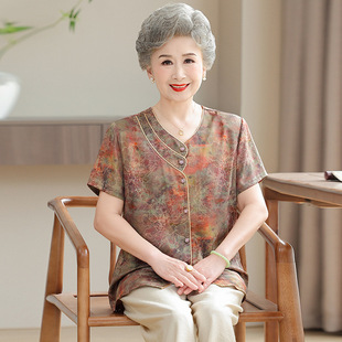 Grandma's Summer Short-Sleeved Shirt, Middle-Aged and Elderly Clothes for Women 70 and 80 Years Old, Thin Tops for Mothers, Old Ladies' Shirts