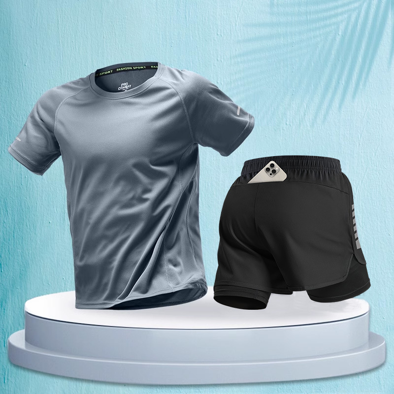 ランニングメンズスポーツスーツマラソンプロ夏半袖ショーツ機器速乾性トレーニングフィットネス服|undefined