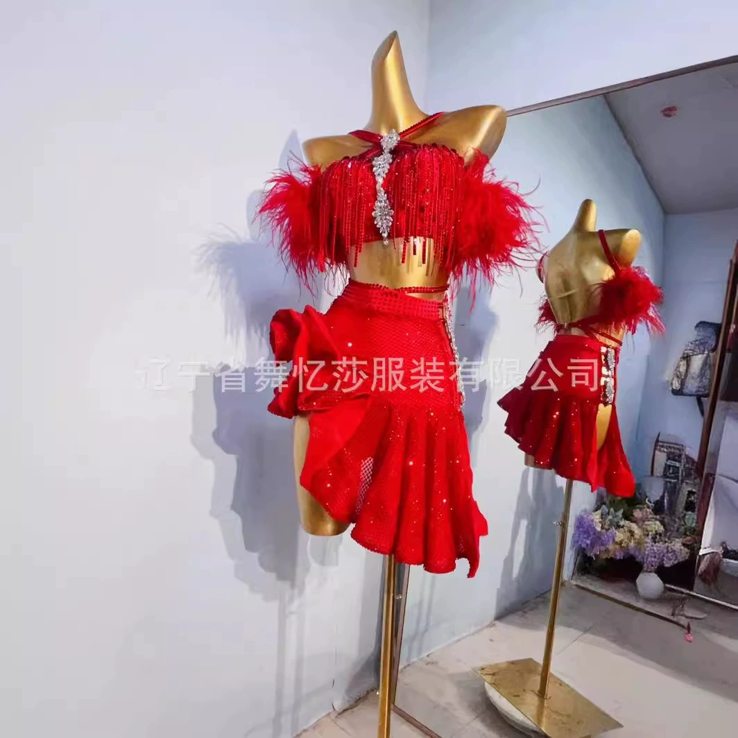 Конкурсный наряд для латиноамериканских танцев с пайетками, платье с асимметричными бахромой для сценических выступлений, национальный стандарт одежды для выступлений.