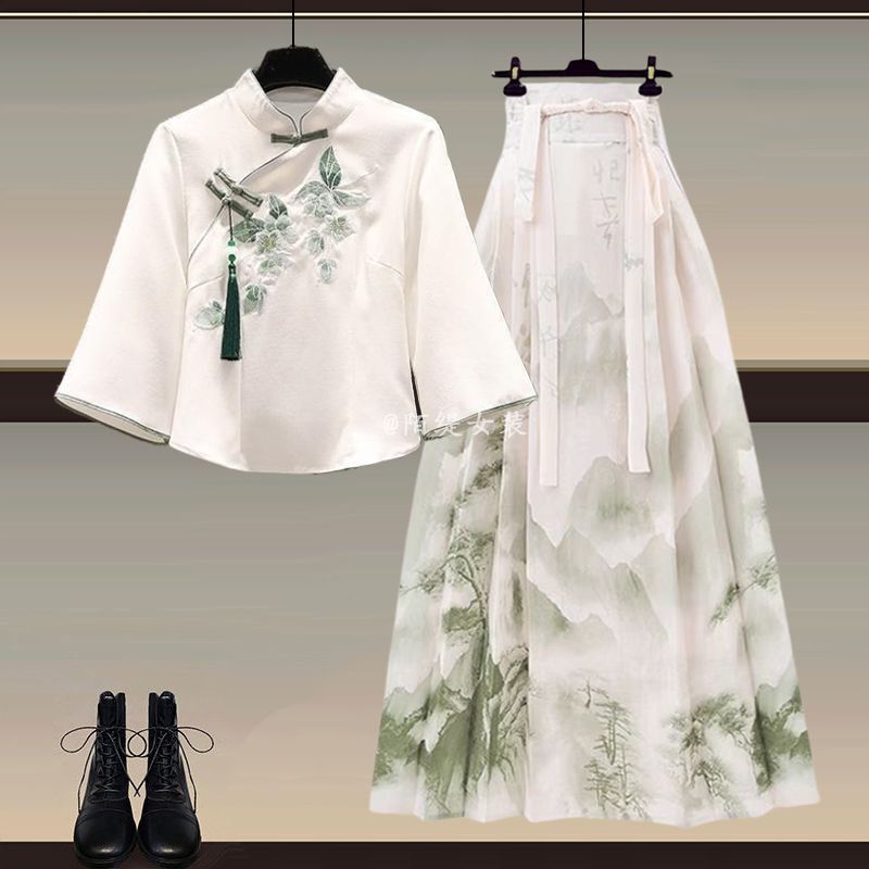 Mint Green Mambo Style New Chinese Style Han Dynasty Top Dress for Women 2025 Autum New Chinese Style Horse Face Skirt Suit