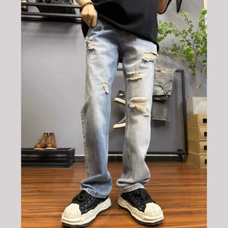 美式街头破洞牛仔裤男春秋浅色修身水洗直筒设计感潮牌休闲长裤子