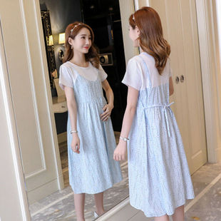 Maternity dress Summer Short-sleeved Mid-length Fake Two-piece Floral Korean Style New A- line Dress Summer Pregnant Women's Dress