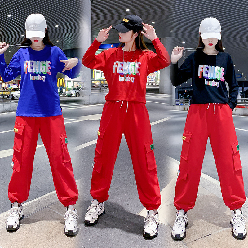 批发红衣红裤套装休闲运动服两件套女秋季卫衣广场舞新款服装套装