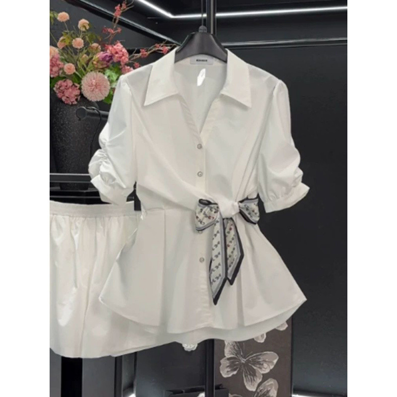 V1M High-End White Women's Chiffon Shirt Women's Summer 2025 New Short-Sleeved Waist Top