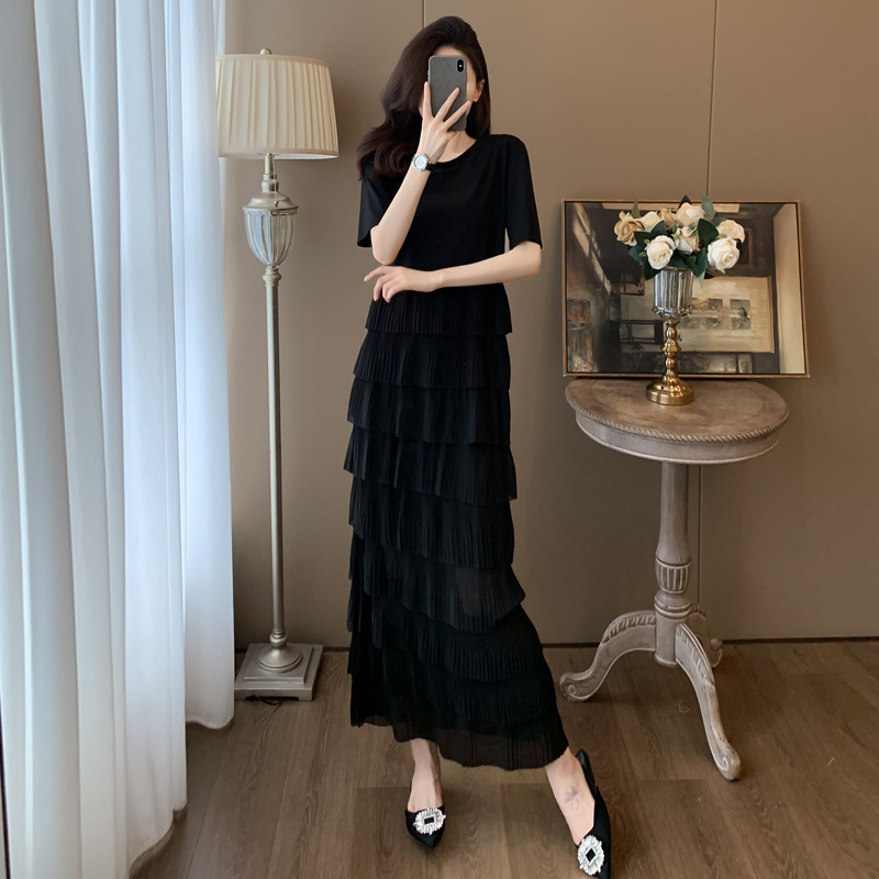 0183 Real Photograph in stock High-grade Cake Skirt dress Chiffon Stitching Mesh Super Long Skirt to Ankle