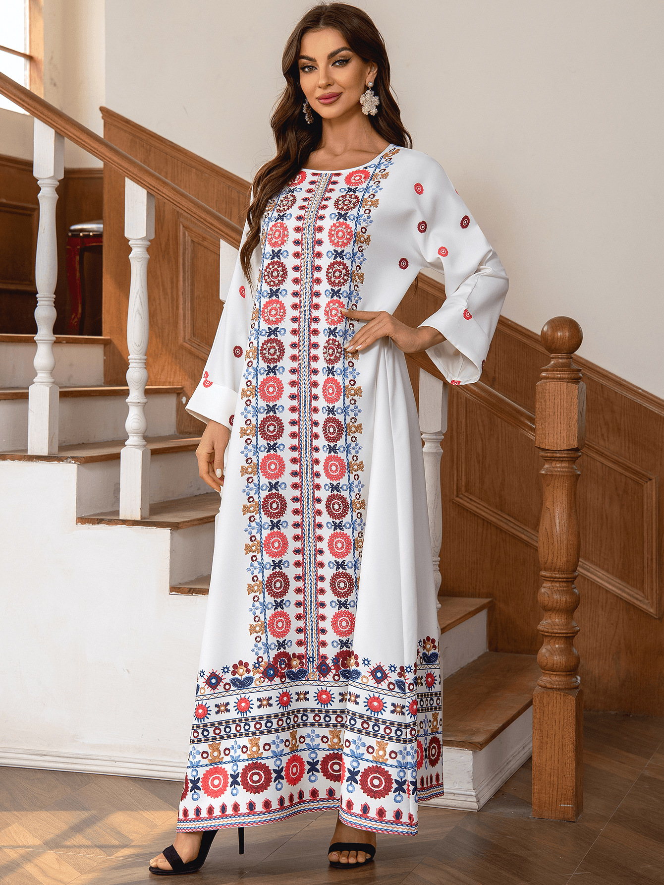 ZD028 Cross-border Middle Eastern Foreign Trade Muslim Ethnic Long Dress With Printed Gold Foil And Beading Elegant_ecoleips.com