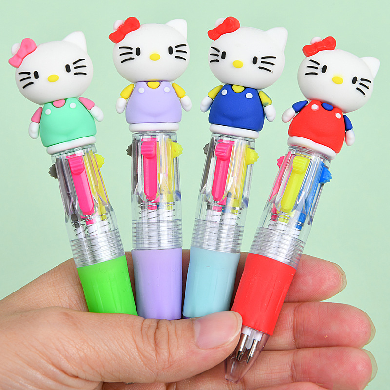 Caricatura lindo KT gato mini bolígrafo de cuatro colores multicolor en uno bolígrafo de cuentas de mano de color para estudiantes premios papelería al por mayor
