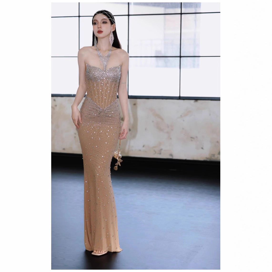 High-End Heavy-Duty Luxury Full-Diamond Sexy Fishbone Tube Top Dress Waist and Hip Long Slim Evening Dress for Women