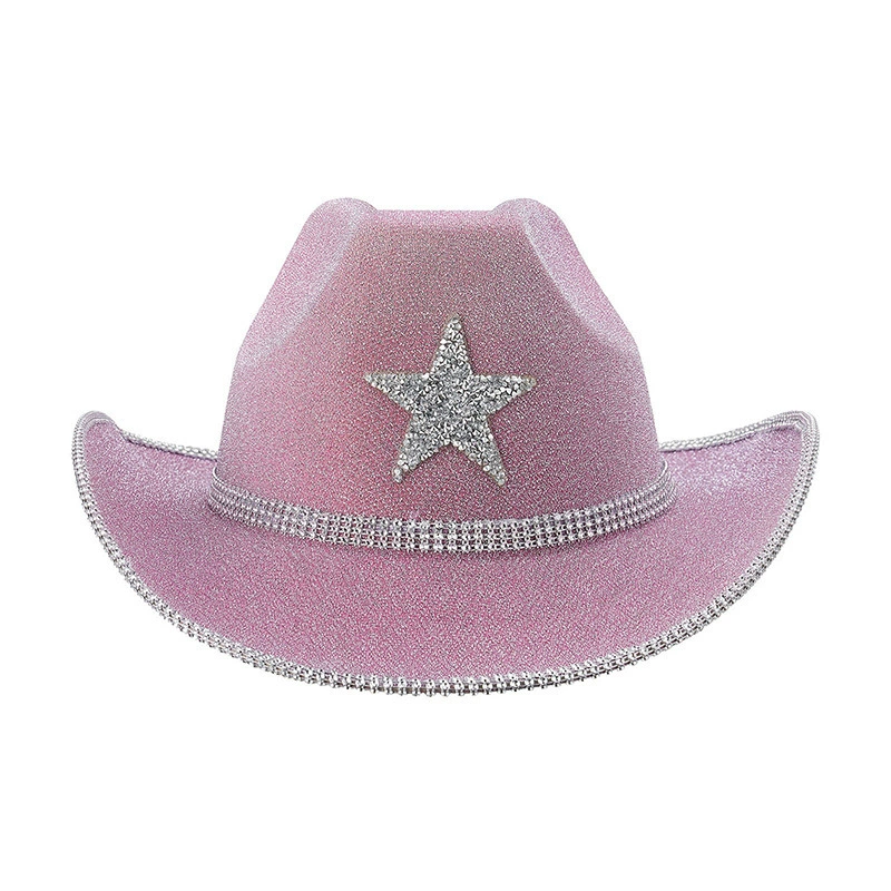 Розовая блестящая ковбойская шляпа с полосками из стразов и пятиконечной звездой, ковбойская шляпа с блестками, ковбойская шляпа с блестками в форме бриллианта для Хэллоуина