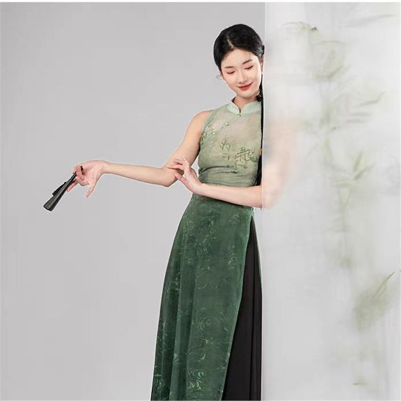 古典舞国风印花渐变旗袍舞蹈服中国舞身韵民族练功服演出服套装女|undefined