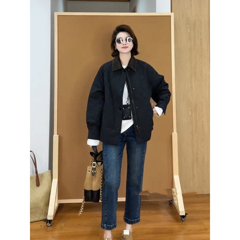 韩版翻领菱格棉服外套女2025秋季新款宽松休闲小个子夹棉轻薄棉衣|undefined