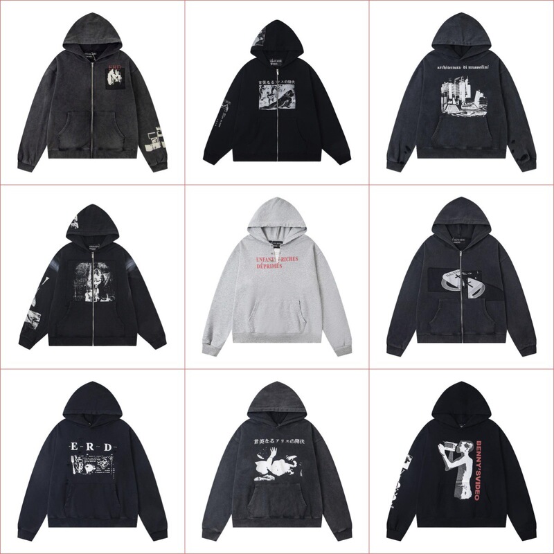 New Erd Rich Kid Style Distressed Zipper Open Collar Letter Print Unisex Hooded Sweatshirt Jacket Loose Fit New Erd Rich Kid Style Distressed Zipper Open Collar Letter Print Unisex Hooded Sweatshirt Jacket Loose Fit