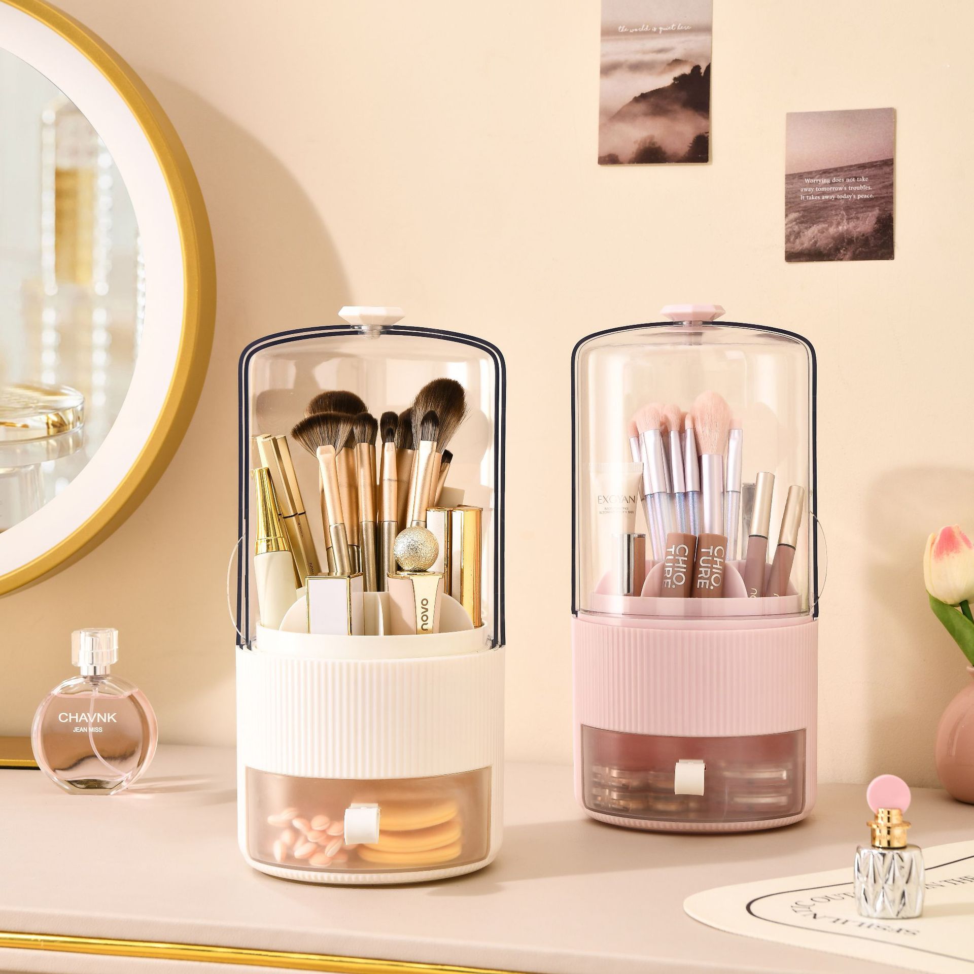 Rotating Makeup Brush Storage Box, Makeup Brush Compartment Organizer, Desktop Vanity Dust-Proof Lipstick Storage Rack