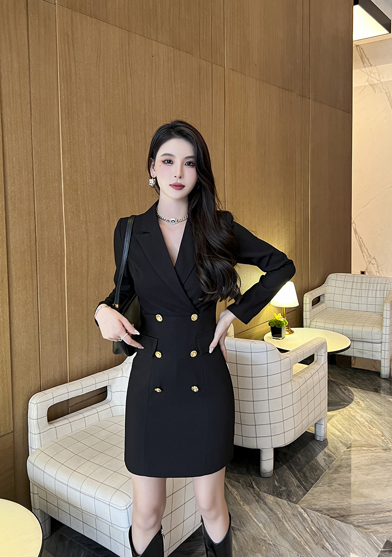Đầm blazer nữ công sở kiểu dáng thời trang Pháp, tay dài, cổ ve — Màu đen chi tiết 13