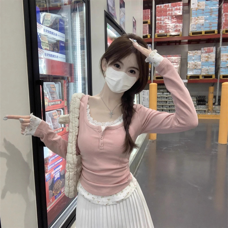 辣妹纯欲风碎花拼接长袖T恤女春秋修身显瘦短款设计感假两件上衣|undefined