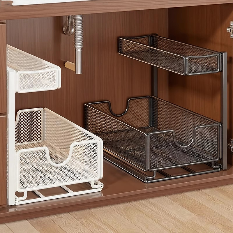 Kitchen Sink Storage Rack Cabinet Basket Layered Household Multi-Functional Pull-Out Kitchen Utensil Storage Rack under the Sink