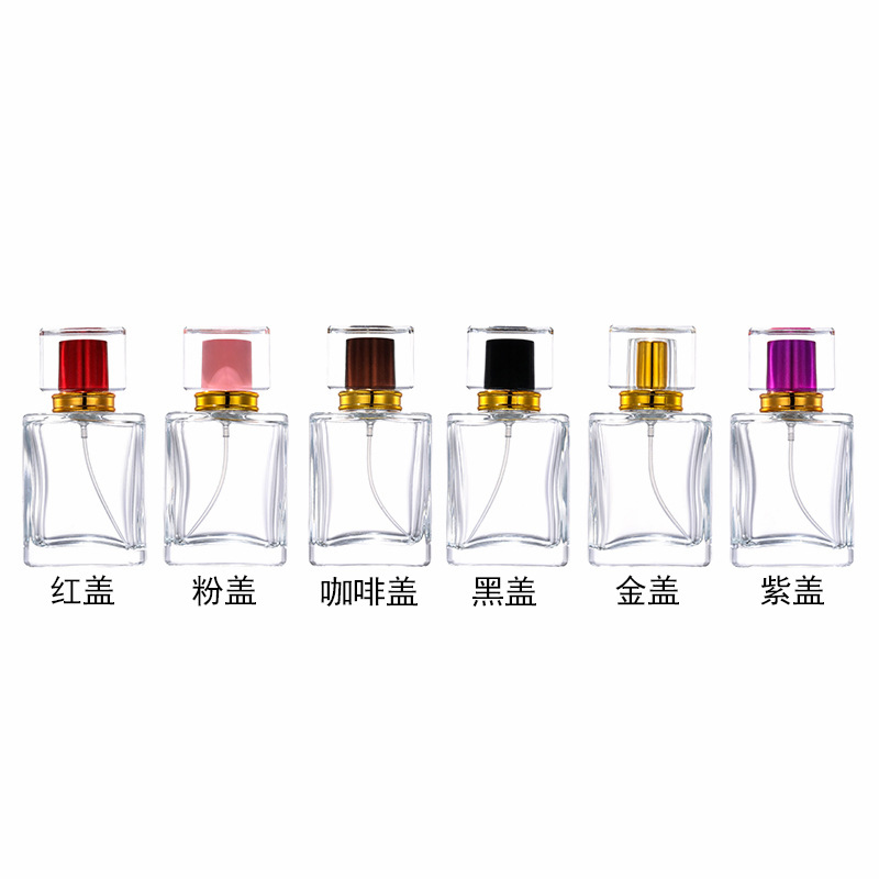 En stock cubierta de acrílico B015-50ML100ml cuadrado transparente vidrio perfume spray sub-embalaje cosmético botella vacía