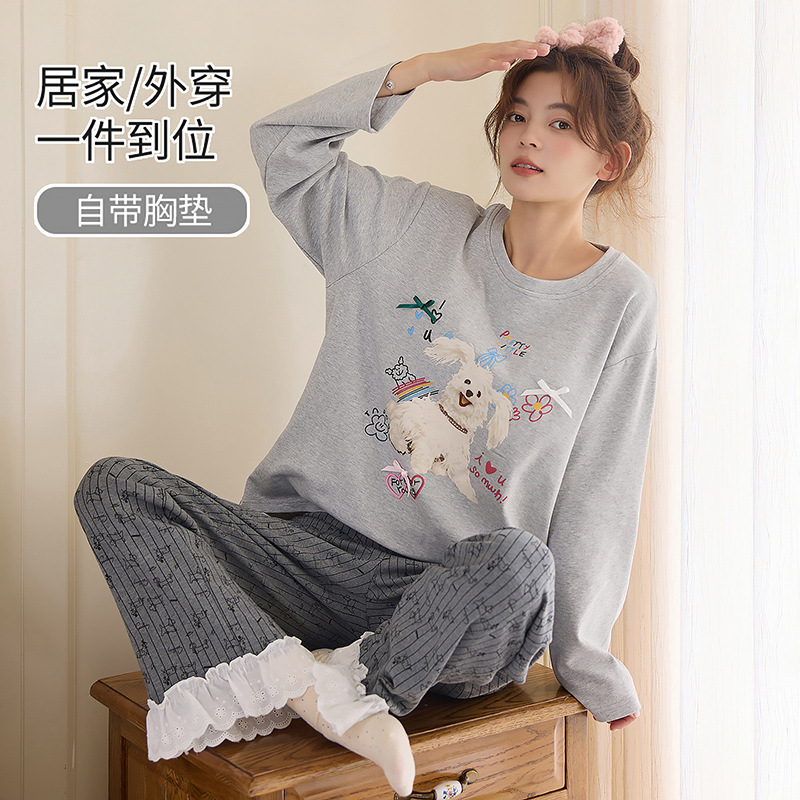 纯棉带胸垫睡衣女秋冬季新款长袖圆领可爱卡通学生家居服套装全棉|undefined