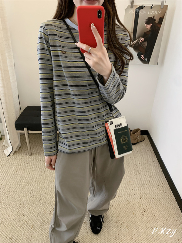 020秋季2025新款慵懒风条纹小标上衣中长款条纹长袖打底衫女士T恤|undefined