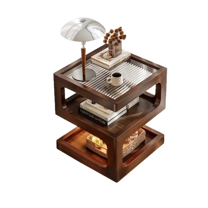 Mesa lateral pequeña de la cabecera de la cama de estilo medio, mini creativa, estante de la mesita de noche de madera maciza, mesa de centro pequeña de color nogal negro, linda