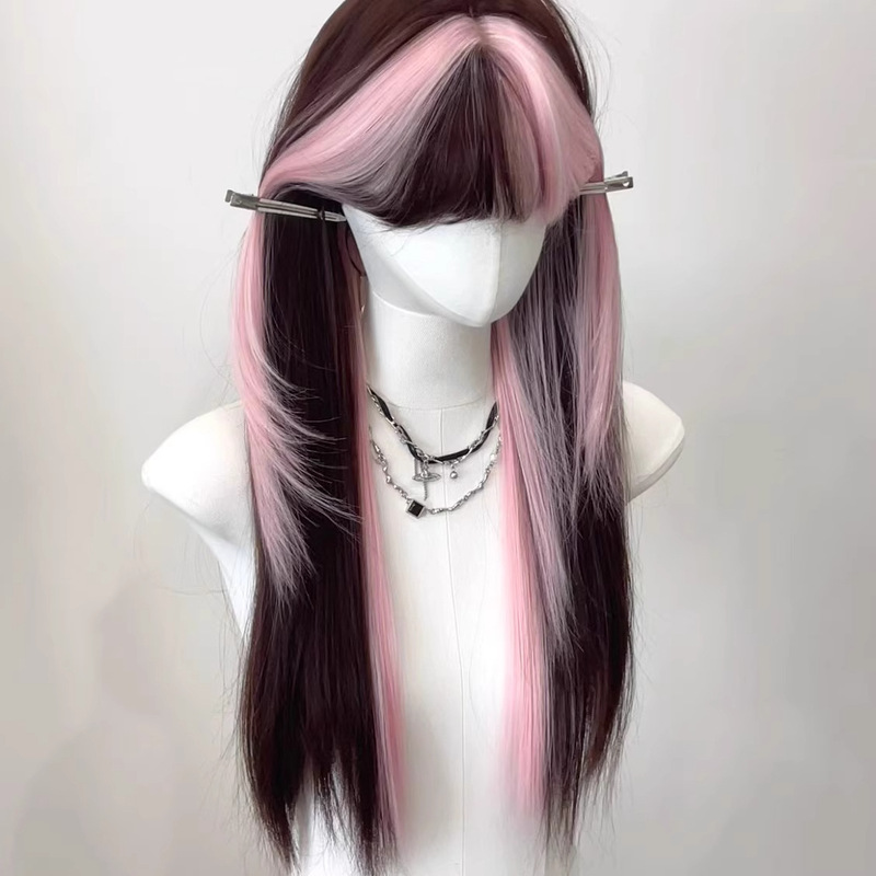 假发女齐刘海粉色挑染棕日常cos甜酷长直发lolita整顶自然全头套|undefined